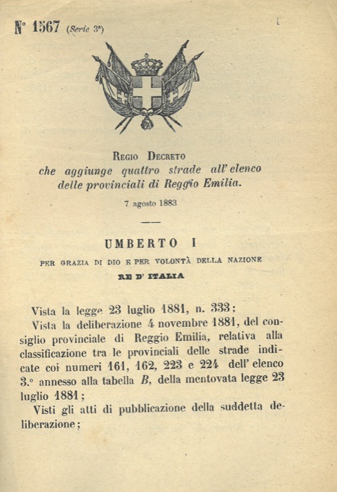 Regio Decreto - che aggiunge quattro strade all'elenco delle provinciali di Reggio Emilia.
