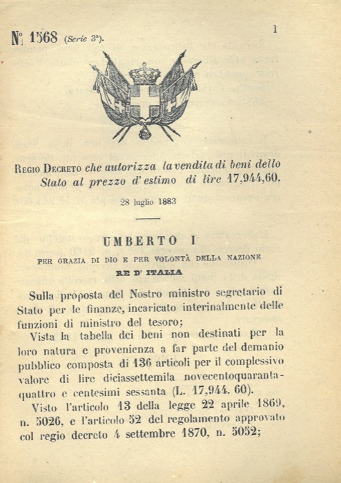 Regio Decreto - che autorizza la vendita di beni dello Stato al prezzo d'estimo di lire 17,944,60.