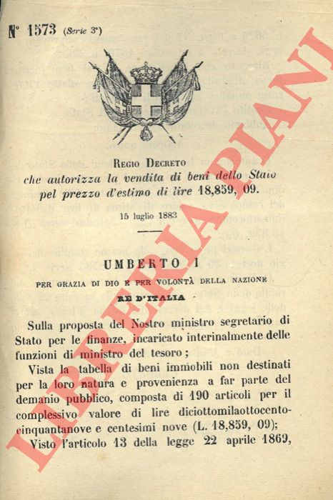 Regio Decreto - che autorizza la vendita di beni dello Stato pel prezzo d'estimo di lire 18,859,09.