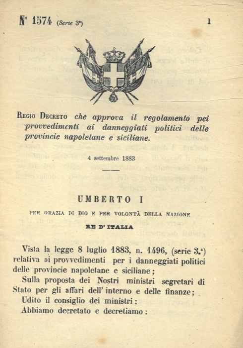 Regio Decreto - che approva il regolamento pei provvedimenti ai danneggiati politici delle provincie napoletane e siciliane.