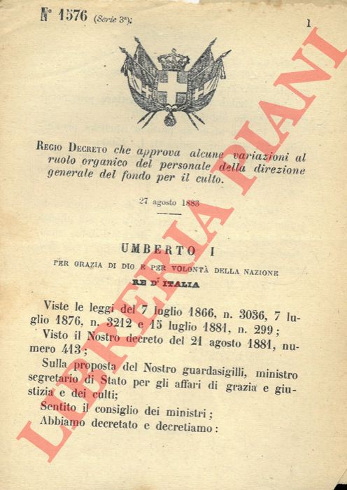 Regio Decreto - che approva alcune variazioni al ruolo organico del personale della direzione generale del fondo per il culto.