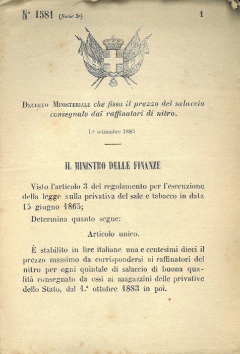 Decreto Ministeriale - che fissa il prezzo del salaccio consegnato dai raffinatori di nitro.