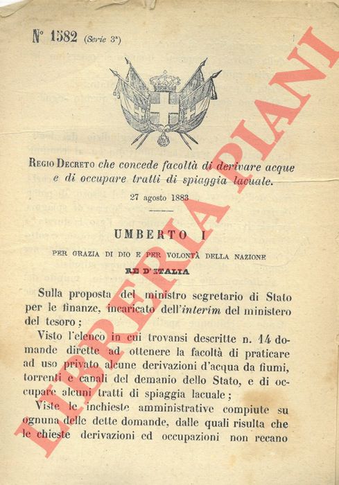 Regio Decreto - che concede facolt di derivare acque e di occupare tratti di spiaggia lacuale.