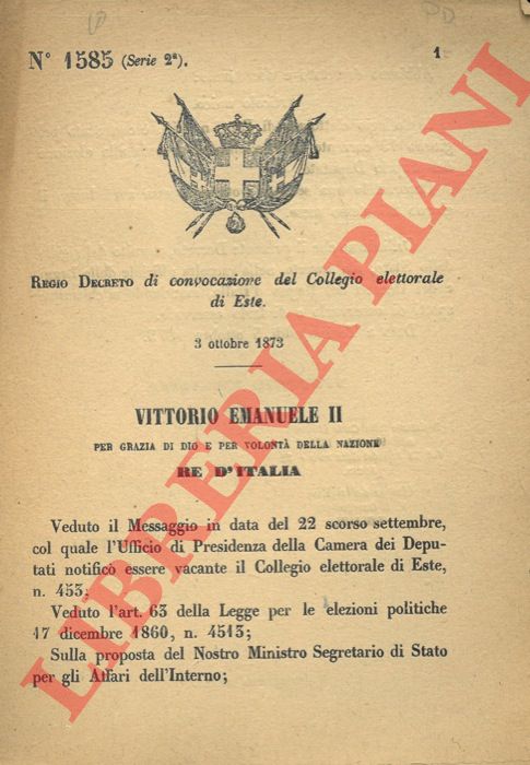 Regio Decreto - di convocazione del Collegio elettorale di Este.