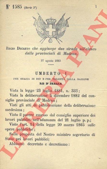 Regio Decreto - che aggiunge due strade all'elenco delle provinciali di Modena.