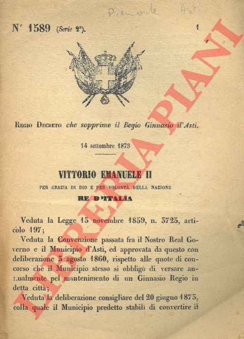 Regio Decreto - che sopprime il Regio Ginnasio d'Asti.