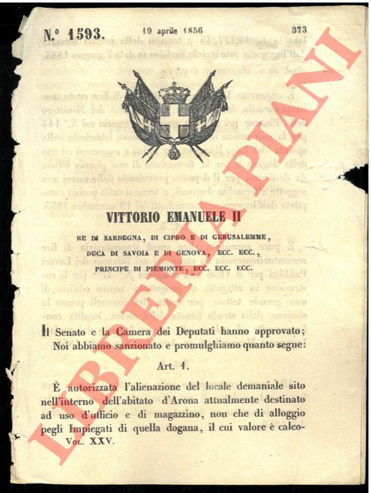 Regio Decreto - con cui si autorizza l'alienazione del locale demaniale nell'interno dell'abitato di Arona.