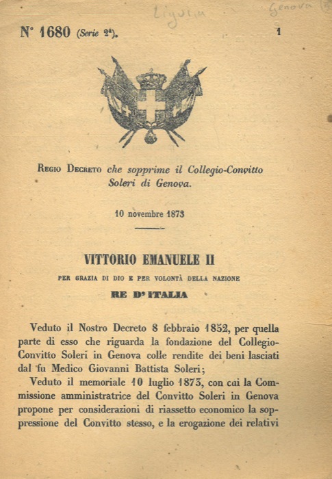 Regio Decreto - che sopprime il Collegio-Convitto Soleri di Genova.