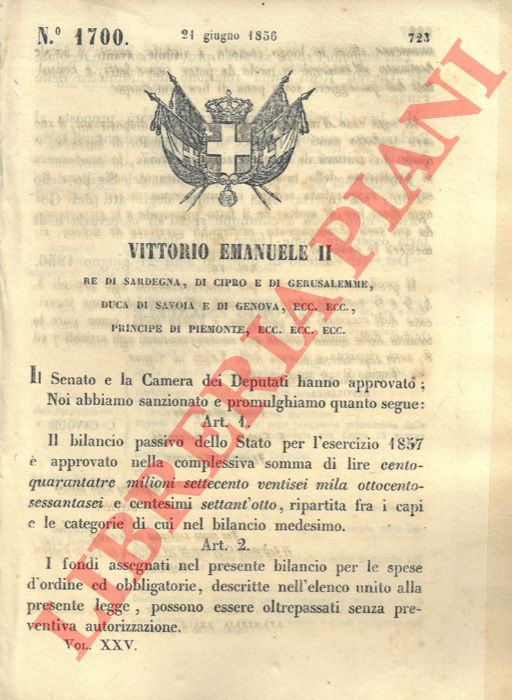 Regio Decreto - con cui si approva il bilancio passivo dello Stato per l'esercizio del 1857.