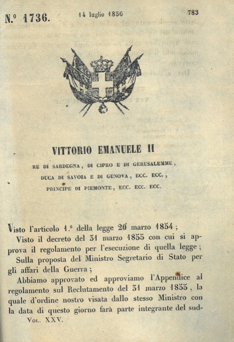 Regio Decreto - con cui si approva il regolamento sul reclutamento del 31 Marzo 1855.