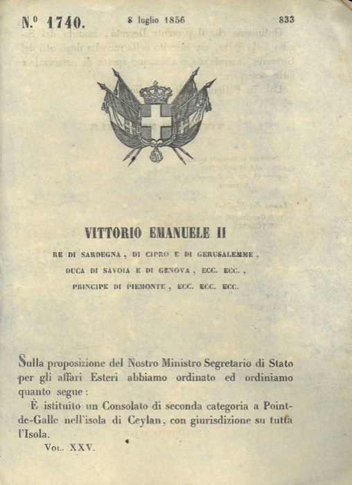 Regio Decreto - con cui si istituisce un Consolato a Point-de-Galle a Ceylon.