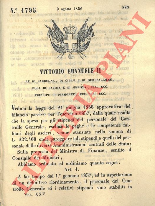 Regio Decreto - con cui si fissano gli stipendi del personale addetto al Controllo Generale.