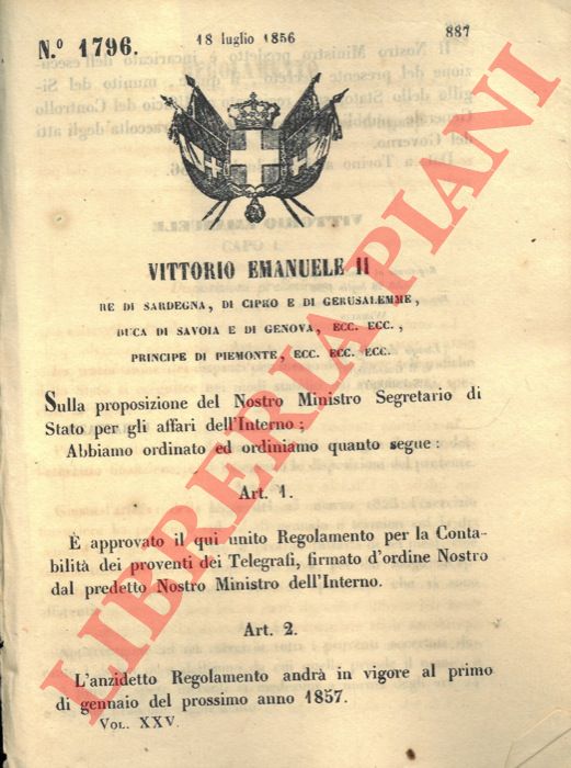Regio Decreto - con cui si approva il regolamento per la contabilit dei Telegrafi.