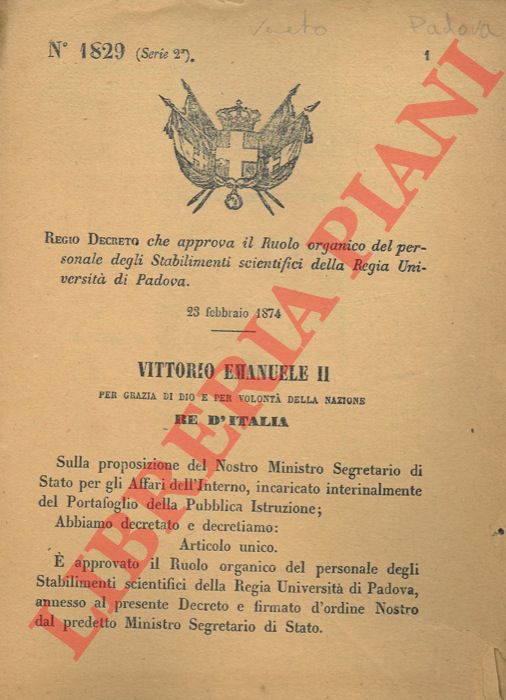 Regio Decreto - che approva il ruolo organico del personale degli Stabilimento scientifici della regia Universit di Padova.