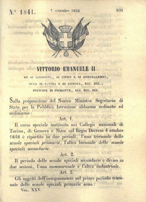 Regio Decreto - con cui si danno disposizioni sul corso speciale istituito nei Collegi di Toriuno, Genova e Nizza.