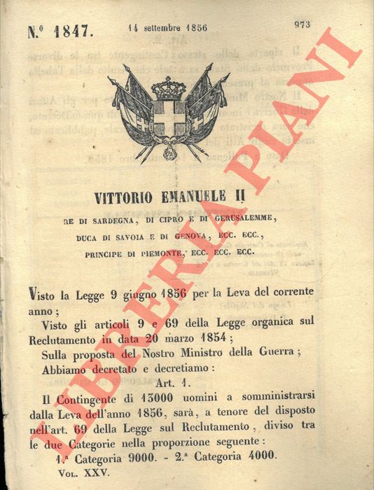 Regio Decreto - con cui si ripartisce il contingente di leva del 1856.