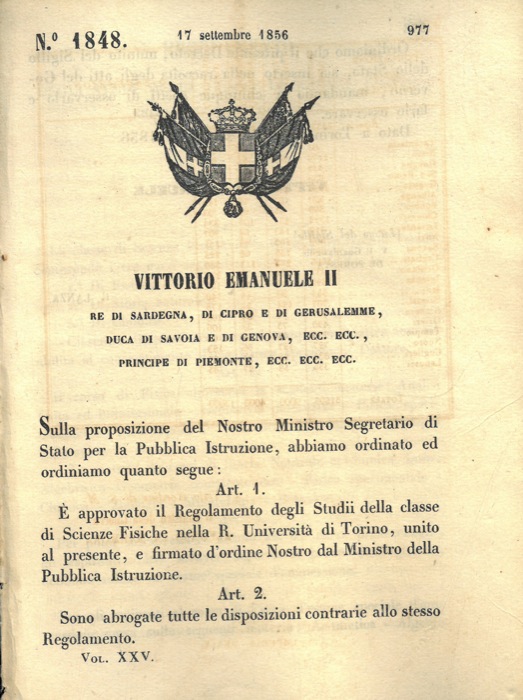 Regio Decreto - che approva il Regolamento degli Studii della classe di Scienze Fisiche nella R. Universit di Torino.