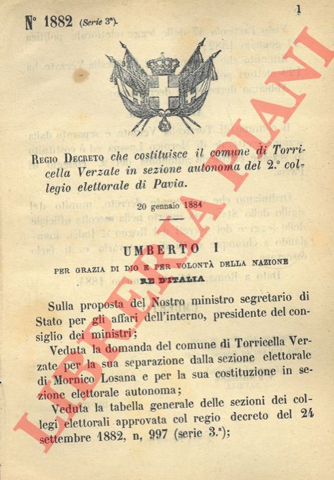 Regio Decreto - che costituisce il comune di Torricella Verzate in sezione autonoma del 2 collegio elettorale di Pavia.