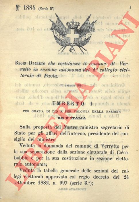 Regio Decreto - che costituisce il comune di Verretto in sezione autonoma del 2 collegio elettorale di Pavia.