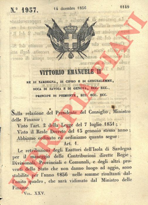Regio Decreto - con cui si stabiliscono le retribuzioni degli esattori in Sardegna.