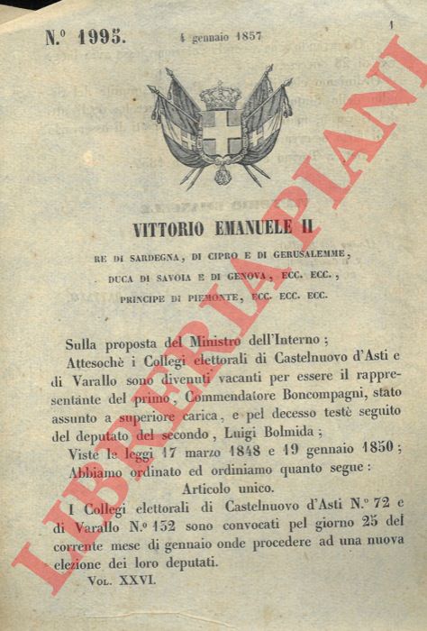 Regio Decreto - con cui si convoca il Collegio elettoale di Castelnuovo d'Asti per l'elezione del nuovo deputato.