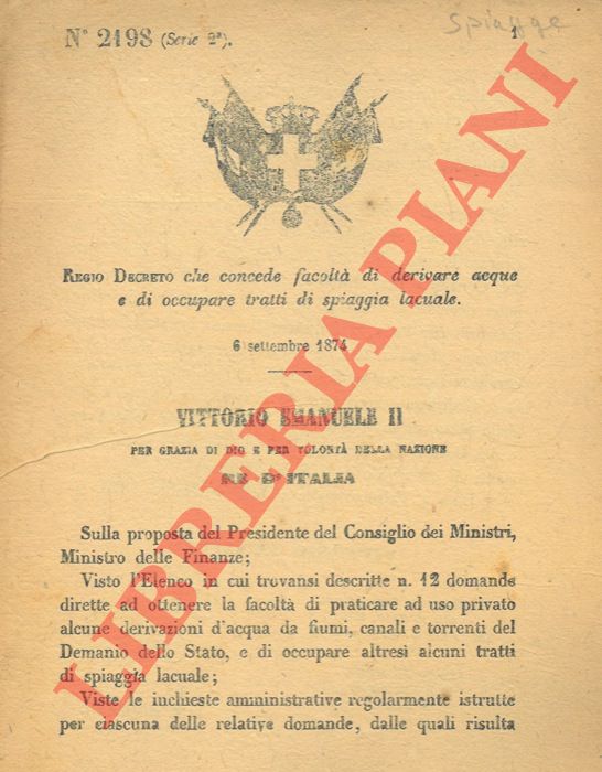 Regio Decreto - che concede facolt di derivare acque e di occupare tratti di spiaggia lacuale.
