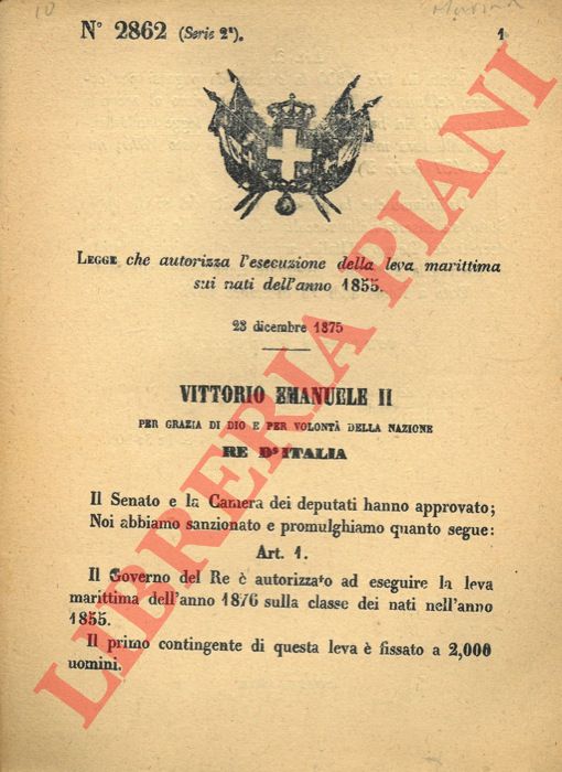 Legge - che autorizza l'esecuzione della leva marittima sui nati dell'anno 1855.