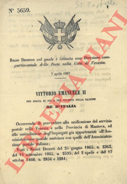 Regio Decreto - col quale  istituita una Direzione compartimentale delle Poste nella citt di Venezia.