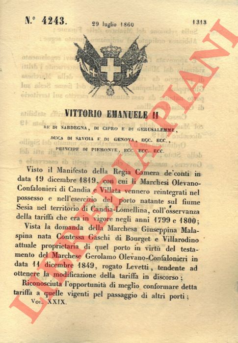 Regio Decreto - che approva la tariffa concernente i diritti di pedaggio per il transito del fiume Sesia.
