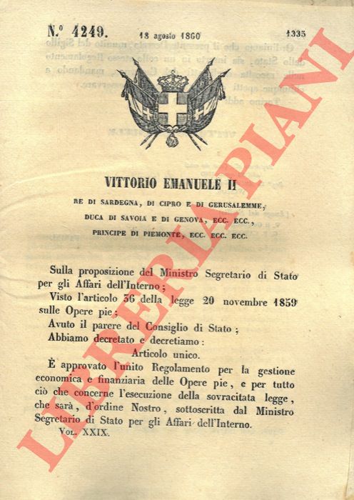 Regio Decreto - che approva il Regolamento per la gestione economica e finanziaria delle Opere Pie.