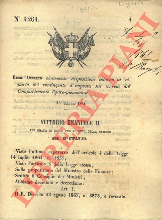 Regio Decreto - contenente disposizioni intorno al riparto del contingente d'imposta sui terreni del Compartimento ligure-piemontese.