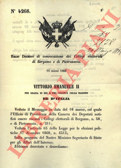 Regio Decreto - di convocazione dei Collegi elettorali di Bergamo e Pietrasanta.
