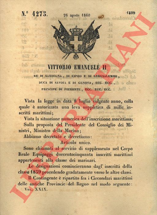 Regio Decreto - che autorizza una leva suppletiva di mille iscritti marittimi al servizio del Corpo Reale Equipaggi.