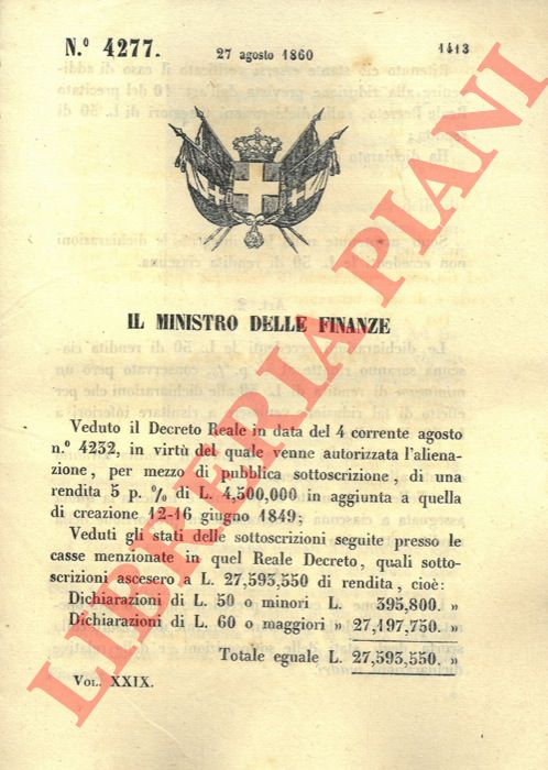 Regio Decreto - relativo alle quote di rendita assegnate a ciascuna dichiarazione eccedente ciascuna L. 50.