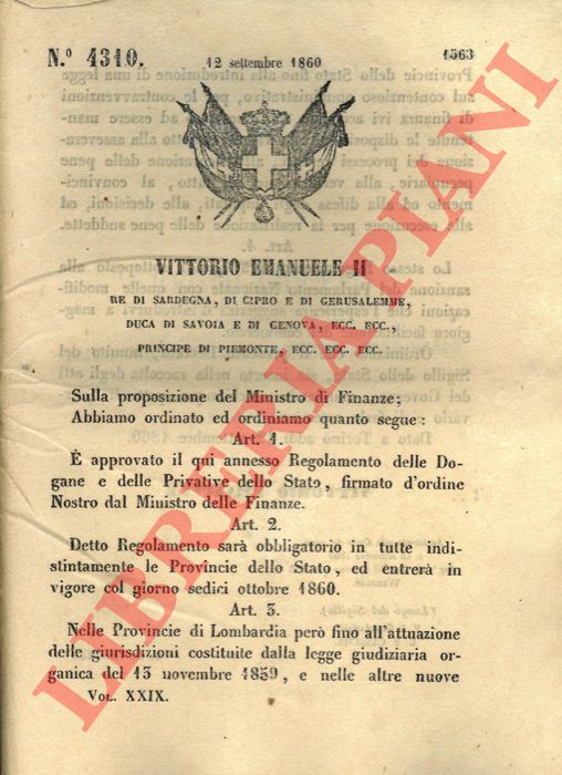 Regio Decreto - che approva il regolamento delle Dogane e delle Privative dello Stato.