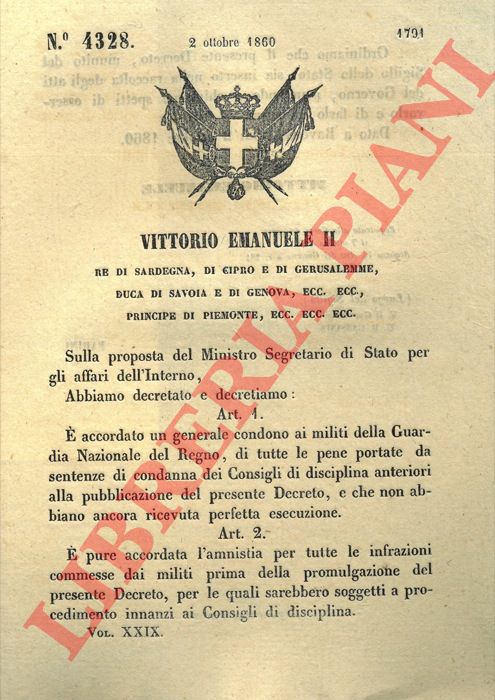Regio Decreto - con cui si condonano ai militi della Guardia nazionale del Regno le pene portate da sentenze di condanna dei consigli disciplinari anteriori al presente decreto e con cui si accorda l'amnistia per le infrazioni commesse dai militi