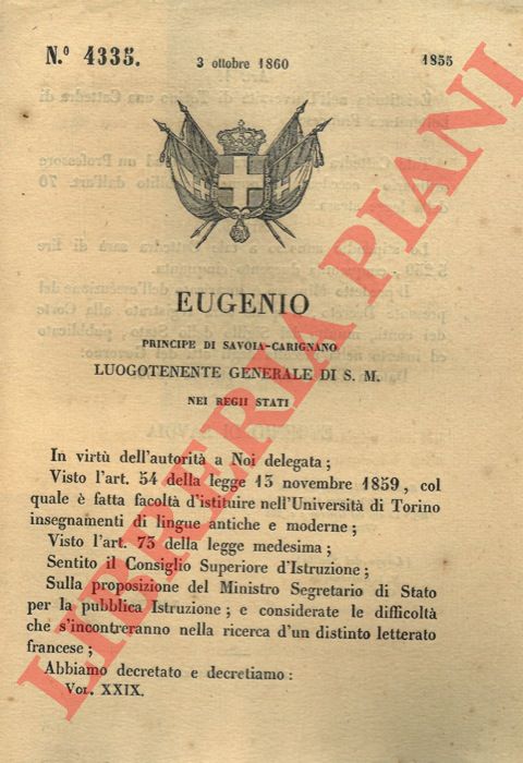 Regio Decreto - con cui si istituisce una cattedra di Letteratura Francese presso l'Universit di Torino.