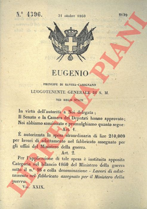 Regio Decreto - con cui si autorizza la spesa straorindaria per lavori di ristrutturazione nel fabbricato assegnato per gli uffizi del Ministero della Guerra.
