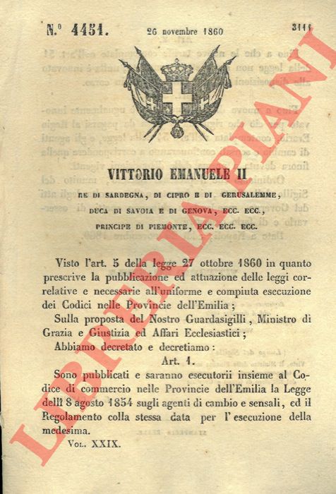 Regio Decreto - sugli agenti di cambio e sensali ed il regolamento per l'esecuzione della legge.