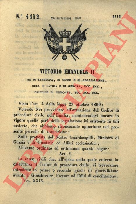 Regio Decreto - con cui si stabilisce che le cause civili si troveranno introdotte in primo o secondo grado di giurisdizione davanti a Tribunali civili o di prima istanza.
