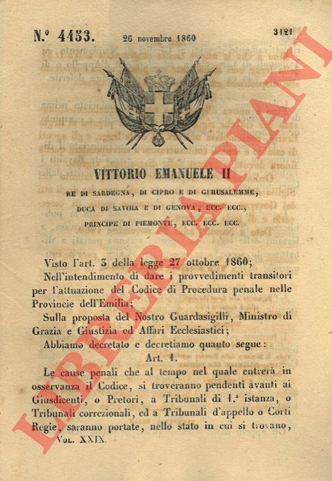 Regio Decreto - con il quale si stabilisce che le cause penali pendenti quando entrer in osservanza il codice, saranno portate dinanzi ai giudici di mandamento, ai Tribunali di circondario o davanti alle Corti d'Appello.