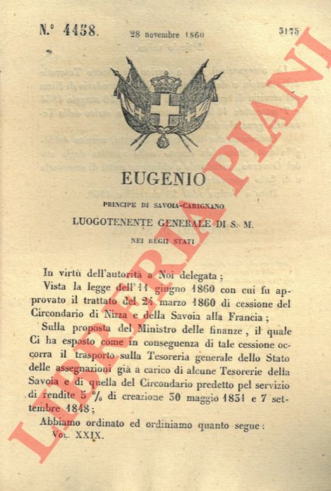 Regio Decreto - con cui si decide che le tesorerie di Savoia e del circondario di Nizza siano trasferite a carico della Tesoreria generale dello Stato.