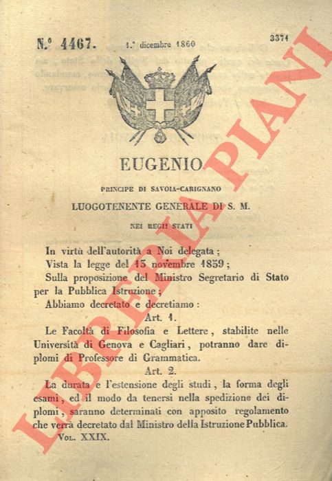 Regio Decreto - con cui si stabilisce che le facolt' di Lettere e Filosofia di Genova e Cagliari potranno dare diplomi di professore di grammatica.