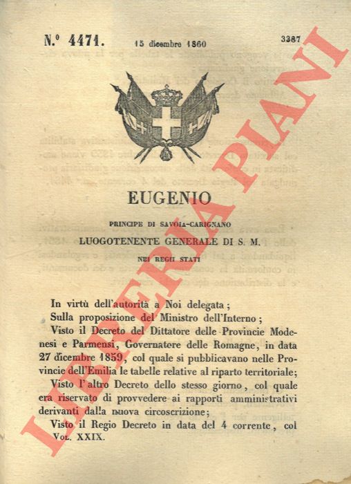 Regio Decreto - con cui si modifica la circoscrizione territoriale amministrativa in conformit alla circoscrizione giudiziaria  promulgata con il Regio Decreto del 4 Dicembre.
