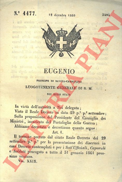 Regio Decreto - con cui si proroga il termine per la presentazione dei disertori relativamente ai sottufficiali, caporali e soldati.