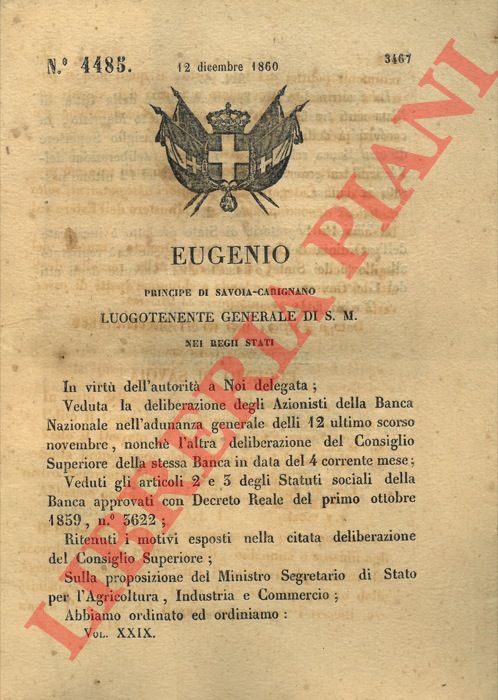 Regio Decreto - con cui si decide che la succursale della Banca nazionale di Nizza sia trasferita nella citt di Porto Maurizio.