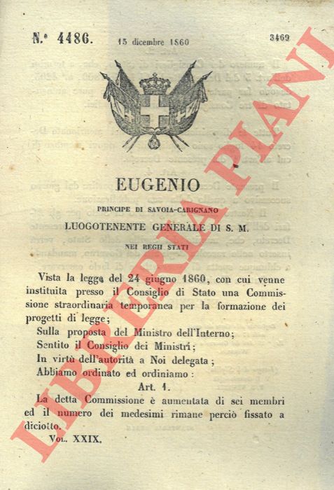 Regio Decreto - con cui si decide che la commissione straordinaria temporanea per la formazione dei progetti di legge  aumentata di sei membri ed il numero degli stessi rimane fissato a diciotto.