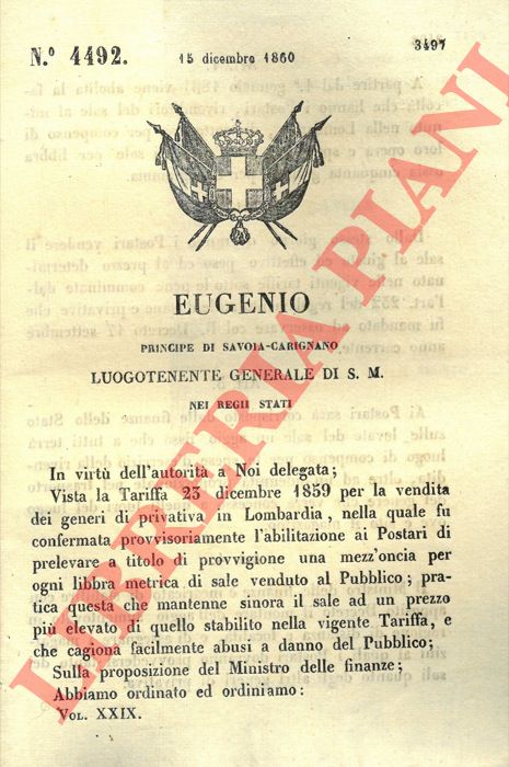 Regio Decreto - con cui si abolisce la facolt dei rivenditori del sale al minuto in Lombardia di trattenere per compenso cinquanta grammi di sale per ogni chilo.