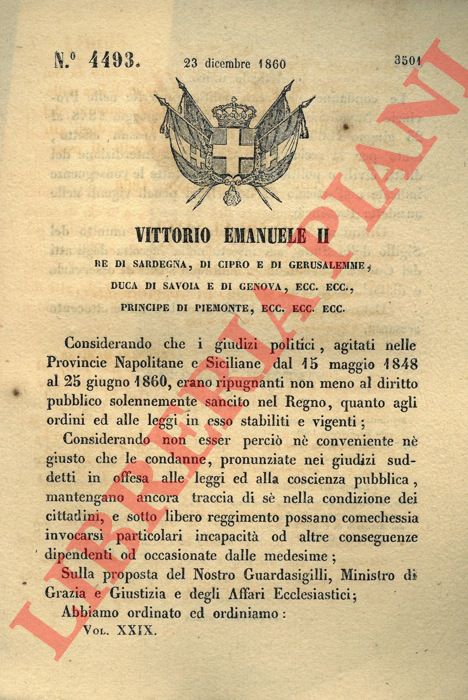 Regio Decreto - con cui si decide che le condanne per reati politici nelle province napoletane e siciliane dal 15 Maggio al 25 Giugno sono considerate non effettive.