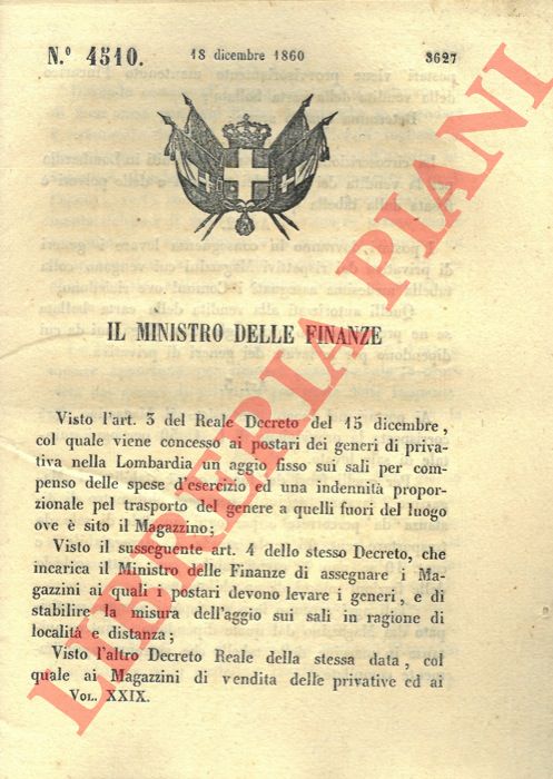Regio Decreto - con il quale si fissa la circoscrizione dei magazzini in Lombardia per la vendita dei sali, tabacchi e polveri.